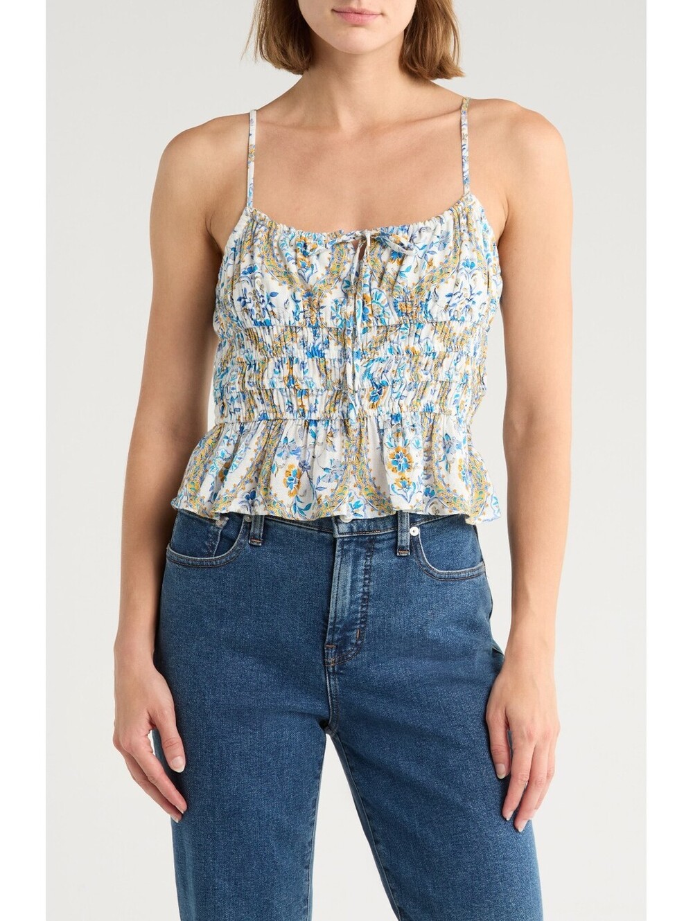 NWT! NSR Strappy Smocked Camisole in Blue Mosaic Size Large